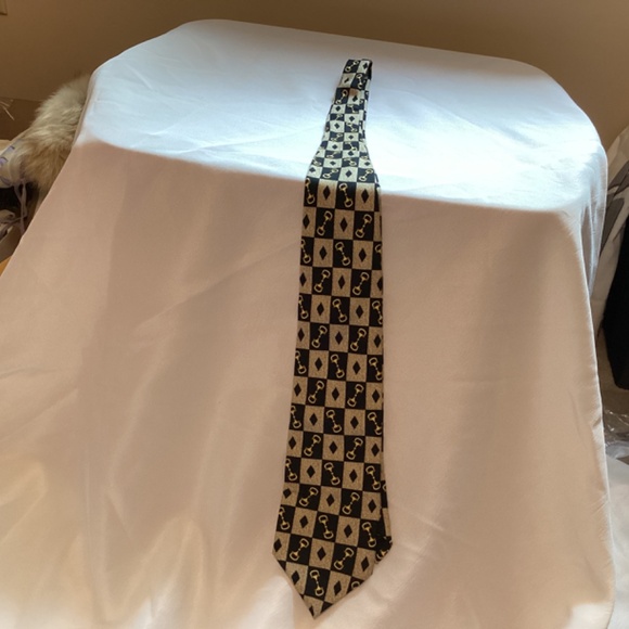 Gucci Paulo Silk Necktie Vintage Accessory Horsebit Pattern Black Tan COA - Picture 7 of 9